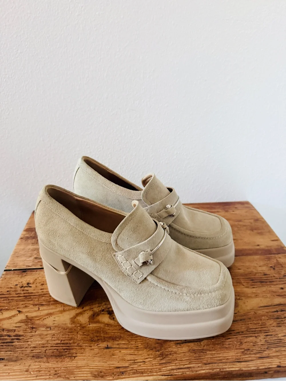 Free People Double Stacked Platform Loafers Tan Suede Horsebit Trim